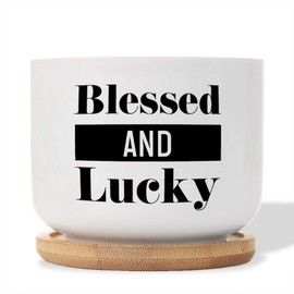 DecStic Blessed and Lucky Planters Ceramic Quote Sayings Round Plant Pots with Drainage Holes and Bamboo Tray Pot for Home Office Desk Garden