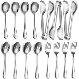 Patelai 15 Pieces Stainless Steel Serving Utensils Set 8.7" Large Serving Spoons Slotted Spoon 9.45" Tong 9" Serving Forks Flatware Party Buffet Banquet Cooking Kitchen Catering Wedding (Silver)