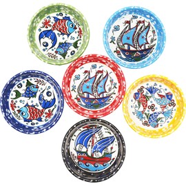HeraCraft 6pcs Hand Painted Turkish Ceramic Snack Bowls - 3.35''/8.5cm-74ml/2.5 oz - Mix Color Decorative Design Multi-Purpose (Ship)