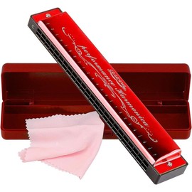 Harmonica Mouthorgan Harp Armonica 24 Hole Polyphony Diatonic Mouth Organ Key of C with Case for Blues Folk Jazz Pop Music Instrument - Color: red
