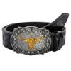 Vikodah Men Women-Western-Cowboy-Leather-Belts - Longhorn Bull Pattern Buckle Belt Floral