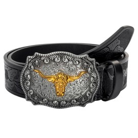 Vikodah Men Women-Western-Cowboy-Leather-Belts - Longhorn Bull Pattern Buckle Belt Floral Engraved Buckle Belt for Jeans