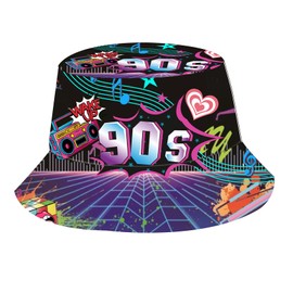 Eigso Retro 80s Theme Bucket Hats for Women Men Hip Hop Rock Scrawl Fishing Hat for Woman Man, c3:purple 90s