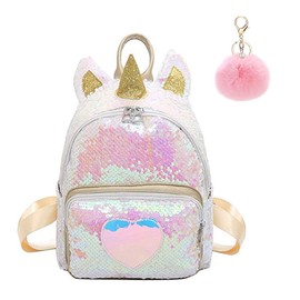 Puyang Sequin Bag Unicorn Backpack Cute Shiny Love Heart School Daypack with Pompom Keyring