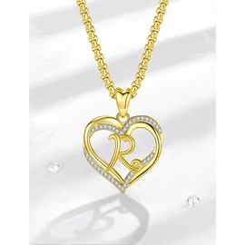 INFUSEU R Necklace Initial Heart Gold Letter Jewelry Cubic Zirconia for Women Wife Mom Friend Sister Birthday Romantic Gifts, 20 Inch Chain