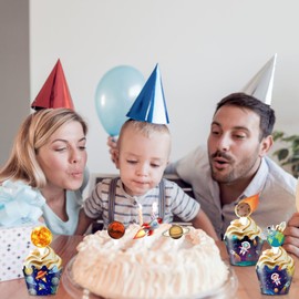 64Pcs Outer Space Cupcake Toppers and Wrappers, Astronaut Rocket UFO Satellite Planet Travel Space Themed Party Cupcake Decorations for Boys Girls Kids Happy Birthday Baby Shower Wedding