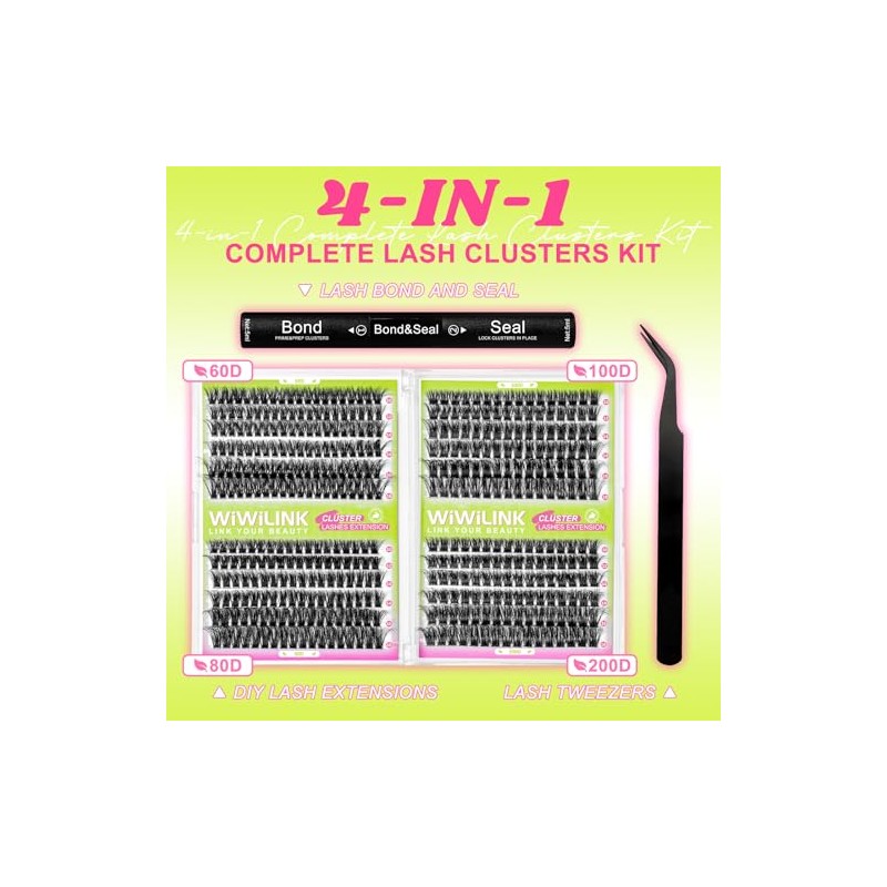 WiWiLINK Lash Clusters Kit 60D+80D+100D+200D Individual Lashes 424PCS D Curl