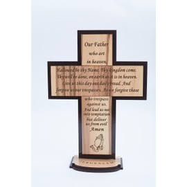 The Lord’s Prayer Wood Standing Table/Altar Cross (10 Inch English) - KJV Scripture Matthew 6:9-13, Engraving of 'Our Father Prayer' on Wooden Blocks