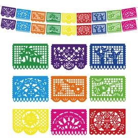 Favuit Mexican Party Decoration, 2 Pack Cinco De Mayo Party Banner 32.8 FT Plastic Papel Picado Fiesta Garland for Dia de los Muertos, Day of the Dead, Mexican Birthday & Halloween Party Supplies (2pcs)