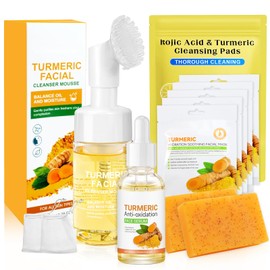 ALLFYL 6 Pcs Tumeric Face Wash and Care Set Kojic Acid Soap Turmeric Face Wash and Serum Turmeric Cleansing Pads and Face Masks Deep Cleansing Turmeric Soap Cleansing Skincare Set for All Skin Type