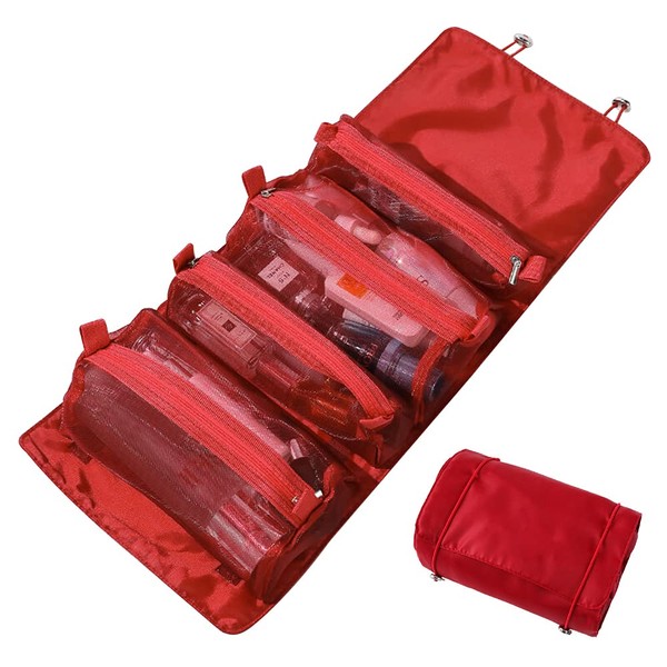 Toiletry Bag, Transparent Cosmetic Bags, Travel Cosmetic Bag, Portable Hanging Zip, Organising Bag, Waterproof, Removable Small Toiletry Bag, Daily Makeup for Women, red
