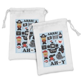 Lunarable Pirate Fabric Pouch Set of 2, Ahoy Pirate Theme Nautical Hat Flag Bottle Ship Toy Island Skull, Small Drawstring Bag for Toiletries Masks and Favors, 9" x 6", Pale Blue White