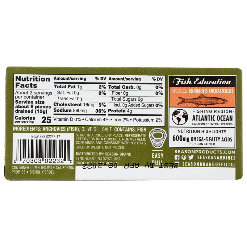 Season Brand Flat Fillets of Anchovies in Olive Oil, 2