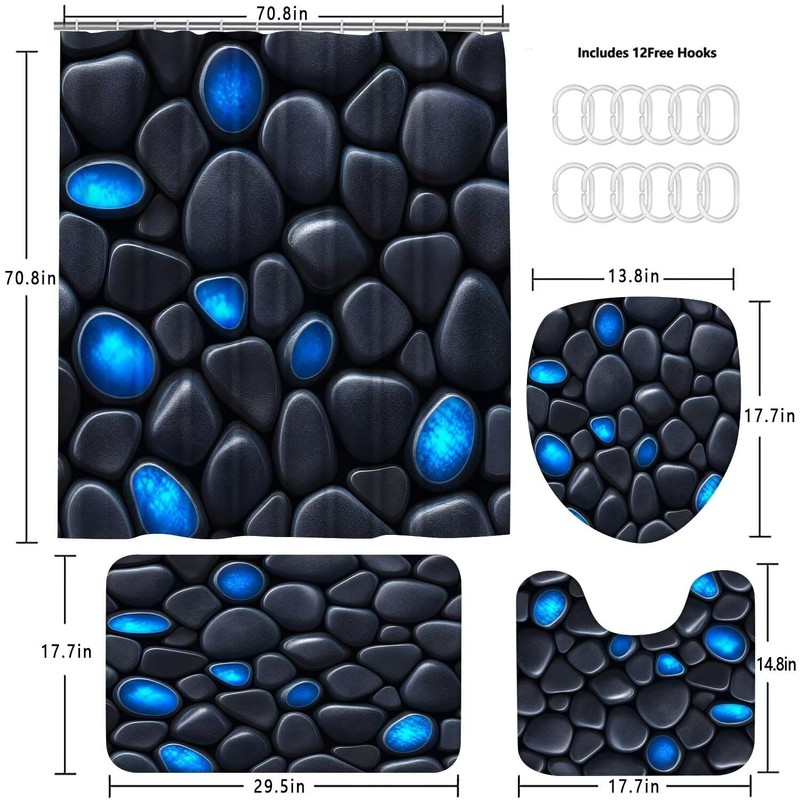 DDQQ 4Pcs Stone Shower Curtain Set with Toilet Lid Cover