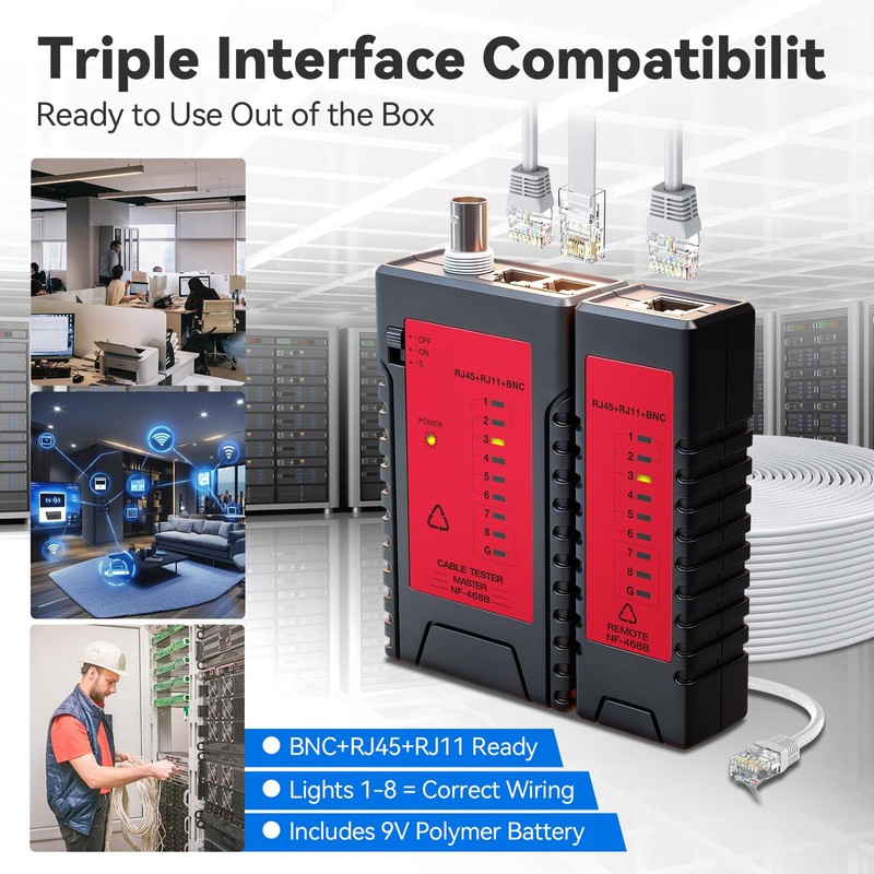 Professional Network Cable Tester, 3-in-1 RJ45 RJ11 BNC Ethernet Tester