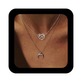 Enautoabs Bohème Geschichtetes Herz Halskette Silber Mond Anhänger Halskette Mond Horn Halskette Kette Hohl Herz Choker Halskette Schichtung Kette Halskette Schmuck Für Frauen