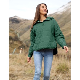 Freyhem Women's Pullover Puffer Jacket Quilted Lightweight Dolman Sleeve Button Down Hooded Padded Coat with Pocket(Green-L)
