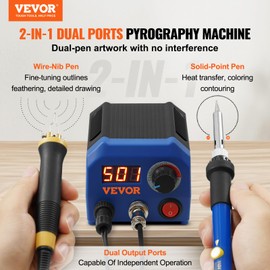 VEVOR Wood Burning Kit, Adjustable 250-700°C with Display, Dual Port, 2 Pyrography Pens, 23 Wire Nibs, 5 Solid-Point Tips, 2 Pen Holders, Wood Chips, Tweezers, Sponge