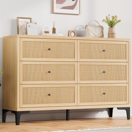 Jocoevol Rattan Dresser for Bedroom with 6 Drawers, Wide Chest of Drawers & Boho Dresser for Closet, Store Organizer for Bedroom, Living Room, Hallway (Natural)