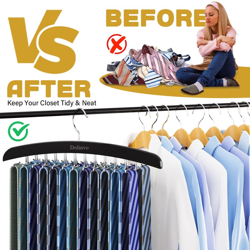 Upgraded Tie Rack 24 Hooks Wooden Tie Hanger Organizer, Tank