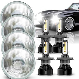 Kit For Impala El Camino 1958 1959 1960 1961 1962 1963 1964 1965 1966 1967 1968 1969 1970 High Low Beam, 5 3/4" 5.75 inch Glass Lens Round Lights,With 4 pcs H4 6000K White LED Light Bulbs, 8-Pack