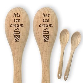 His and Hers Gift Idea | Set of 2 Wooden Engraved Mini Ice Cream Spoons with Cotton Drawstring Gift Bag | He She Wooden 5th Anniversary/Wedding/Valentines/Christmas for Him Her Couple