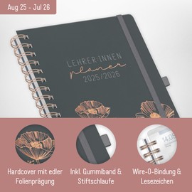 Häfft® Teacher Planner 2025/2026 A5+ Deluxe "Poppy" Hardcover Teacher's Calendar, School Year Planner with Spiral Bound, School Planner - Sustainable & Climate Friendly