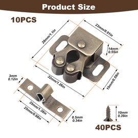 10 PCS Double Roller Catch Cupboard Cabinet Door Latch, Twin Roller Closet Catches Caravan Door Latch with 40 Screws Strong Hold Cupboard Cabinet for Wardrobe Furniture
