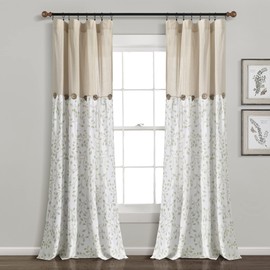 Lush Decor Linen Button Botanical Garden Window Curtain (Single) 84" L x 40" W, Neutral and Green