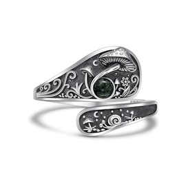 Jewlikee Mushroom Rings for Women Mushroom Jewelry Spoon Moss Agate Ring 925 Sterling Silver Gifts Snail Vintage Thumb Open Adjustable Size 7