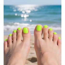 Morily Solid Neon Green Press on Toenails for Women, 24 Pcs Short Square Fake Toe Nail Press ons, Reusable Full Cover Artificial Glossy False Stick on Pedicure in 12 Sizes