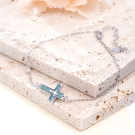 jiulegufa Cross Bracelet 925 Sterling Silver Turquoise Cross Bracelet Religious Jewelry Christian Gifts for Women