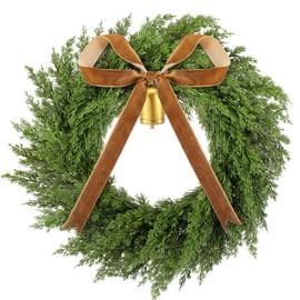 Dingion 20 Inch Cedar Wreath Faux Cedar Christmas Wreath Realistic Christmas Outdoor Wreath with Vintage Rustic Cow Bell Brown Velvet Ribbon for Christmas Decorations Holiday Indoor Front Door Decor