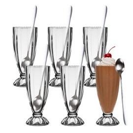 Chris.W 6 Pack Fountain Shoppe Milkshake Glass with 6 Long Stainless Steel Spoons, Classic Old Fashioned Ice Cream Soda Dessert Glasses(Clear, 12oz)