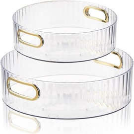 Pack of 2 Lazy Susan Turntable Organiser, 360° Fridge Rotating Plate Spice Holder, Rotating Organiser, Kitchen Fridge Organiser for Spice, Pantry, Bathroom, Chest of Drawers (Transparent, 28 + 22 cm)