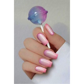 Gangel Square Press on Nails Purple Pink Glossy Fake Nails with Nail Glue Medium Glitter Acrylic Full Cover Simple False Nails for Women and Girls(24 pcs)