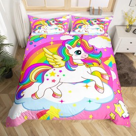 Homemissing Girls Cute Unicorn Comforter Cover Girls Cute Unicorn Bedding Set Fairy Dreamy Horse Comforter Cover for Boys Girls Purple Magical Unicorn Bedspread Cover Durable Bedclothes Double