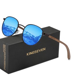 KINGSEVEN Walnut Wood Round Sunglasses Men Women Polarised Mirrored Stylish Retro Glasses W5519, W5519-blue