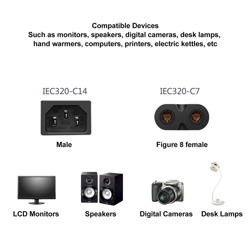 IEC320 C14 to C7 Cord Male to Female Power Adapter