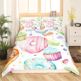Homewish Food Duvet Cover Set Twin Size,Donut Ice Cream Candy Bedding Set 2pcs for Kids Teens Boys Girls Room Decor, Dessert Theme Comforter Cover Watercolor Quilt Cover with 1 Pillowcase