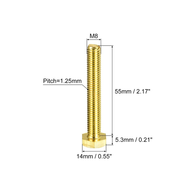 sourcing map Brass Hex Bolts, M8x55mm 3pcs Fully Thread Grade