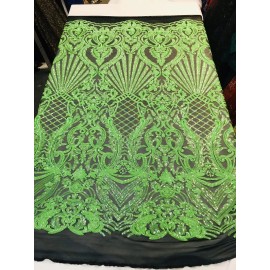 NEW CREATIONS FABRIC ANDFOAM INC NEON GREEN SEQUIN DAMASK DESIGN EMBROIDERY ON A BLACK 4 WAY STRETCH MESH-1 YARD.