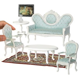 iLAND Miniature Victorian Dollhouse Furniture with 1/12 Scale Accessories for Living Room Décor Vintage Set 8pcs, Mothers Gift Wife Gift (White & Green)