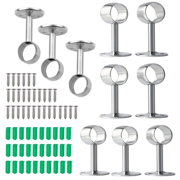 CHENKEE Stainless Steel Round Tube Bracket, Curtain Rod Holder, Wardrobe Rod Holder, Clothes Rod Holder, Tie Rod End with Screws for Clothes Airers, Kitchen, Cupboard, 10 Pieces