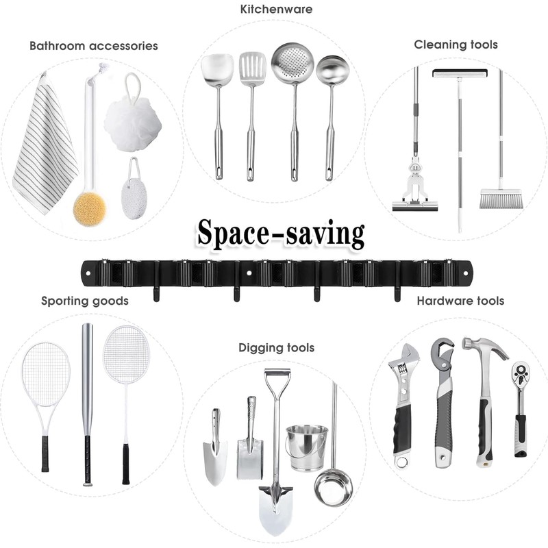 Black 5 Racks and 4 Hooks Mop and Broom Holder