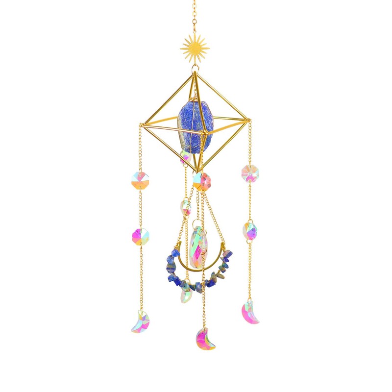 Crystal Suncatcher Blue Lazurite, Gold Sun Catcher Hanging Decor, Birthday