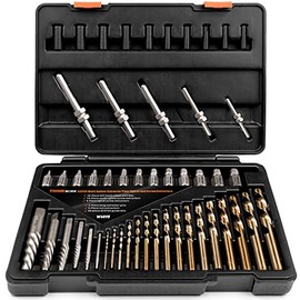 55-Piece Easy Out Screw Extractor Set with Broken Bolt Extractor Kit | for Seized, Broken Studs, Bolts, Socket Screws & Fittings, Cr-Mo Steel & HSS, with Left Hand Drill Bit Set, Storage Case