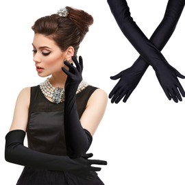 Dendrim 22" Black Women's Long Opera Gloves - 1920s Costume Party Princess Satin Elbow Length Cosplay Gloves