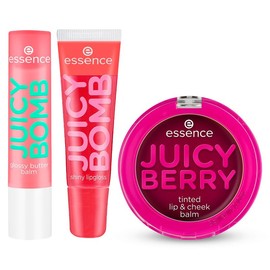 essence - Pack Labial JUICY: Gloss Poppin' Pomegranate (10 ml) + Bálsamo One in a Melon (2.5 g) + Bálsamo 2 en 1 Juicy Berry (3 g), Hidratación, Brillo y Color Natural pH