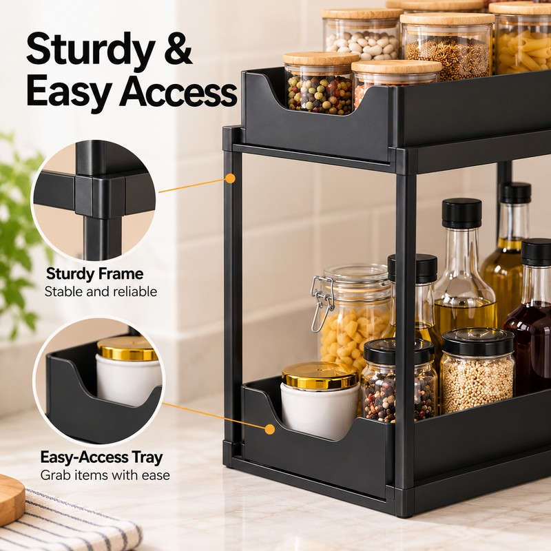 2-Tier Kitchen and Bathroom Organizer Rack – Black Metal Storage